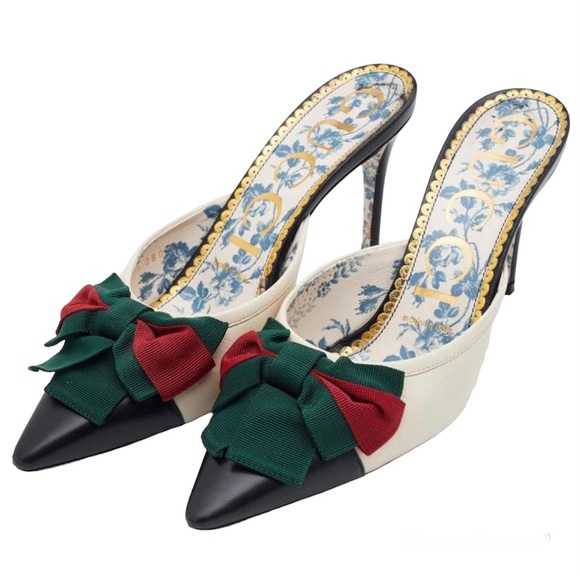 GUCCI Cream and Black Leather Mules with Gucci Wed Bow size 39 (Brand New) - Picture 3 of 16